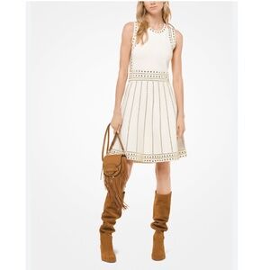 Michael Kors Cream Gold  Studded Fit Flare Stretch-Knit Dress XXS